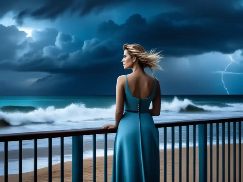 A woman stands on a balcony, overlooking a peaceful beach