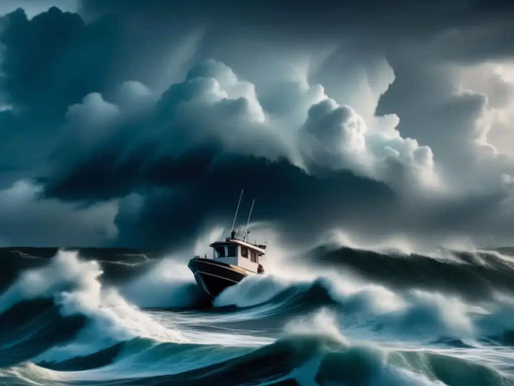 A tense and terrifying image, the boat battling hurricane waves with torn sails