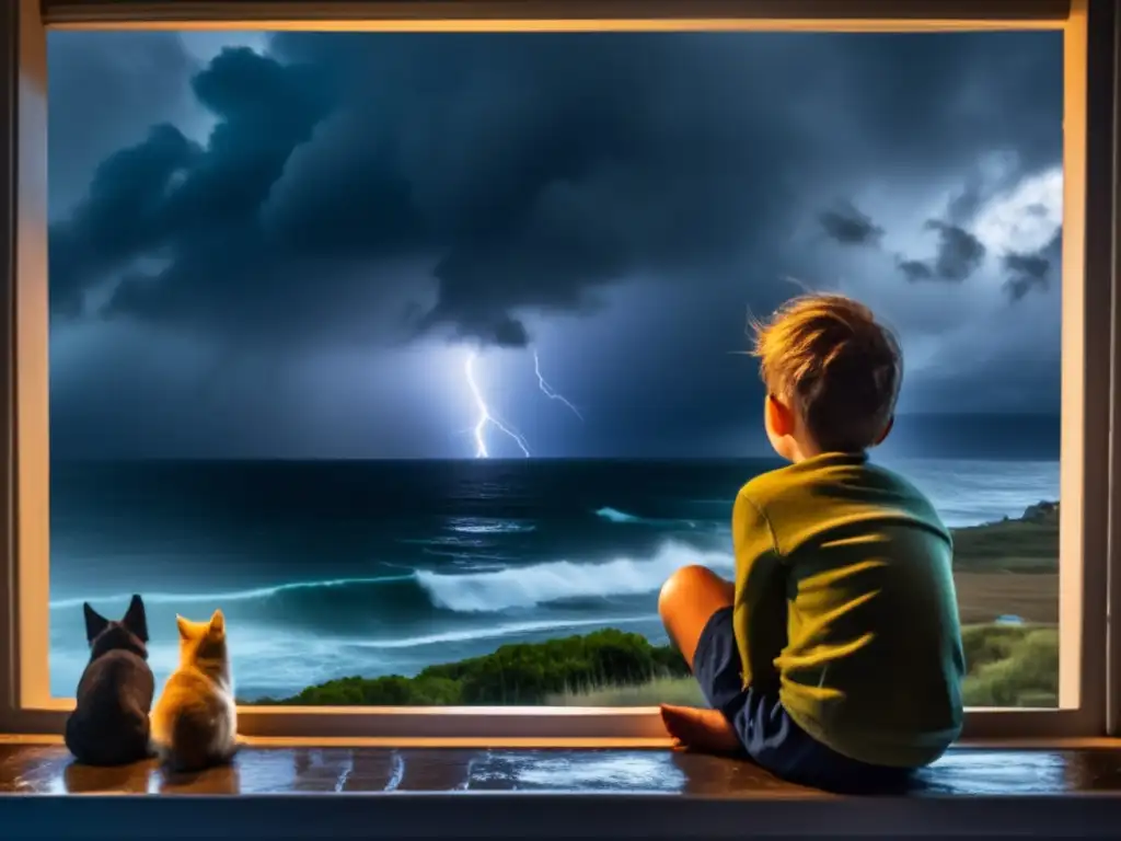 A young boy bravely faces the tumultuous ocean, with the wind howling and rain beating against the window pane, looking scared and isolated