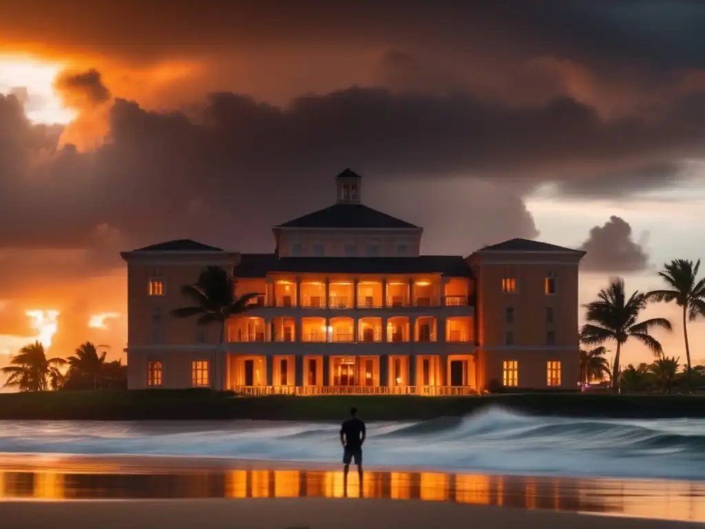 Bryan Norcross, standing in front of a towering building, surrounded by swaying palm trees in the midst of a dramatic outdoor scene