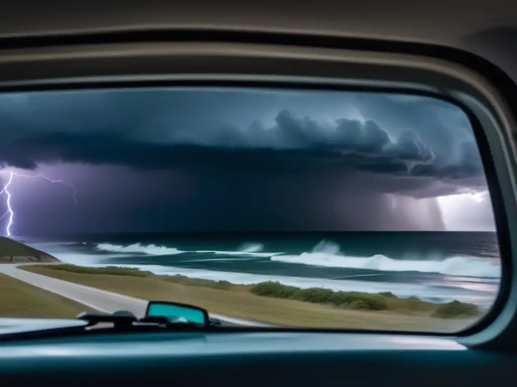 Amidst the chaos of a hurricane, a group of people huddle together in a building shelter, looking out at the stormy ocean below