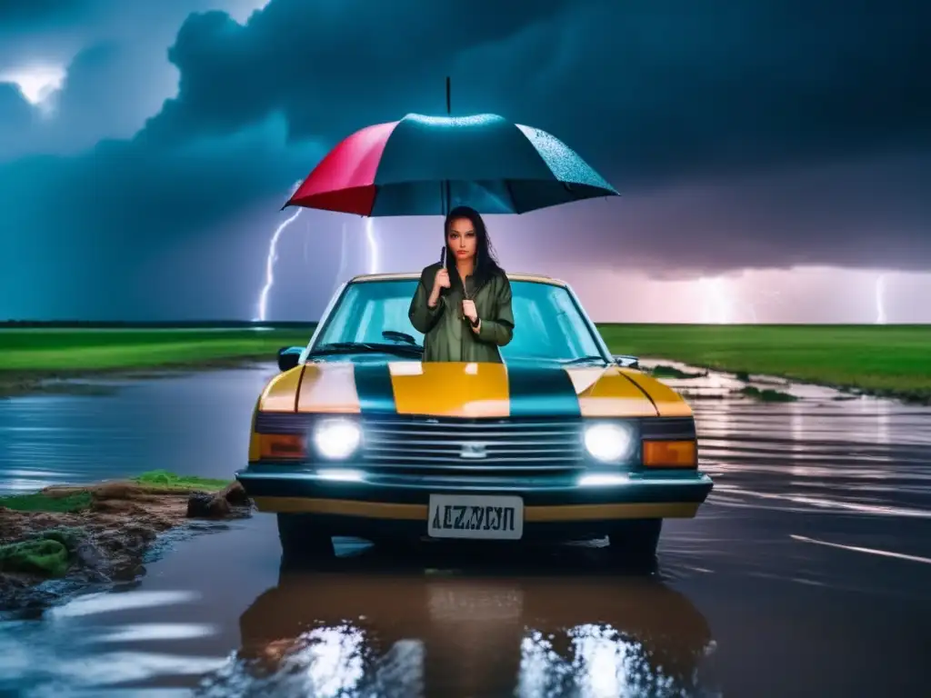 A determined woman stands t adapted to the situation, holding a flashlight and an umbrella while gazing at her damaged car submerged in a stormy lake