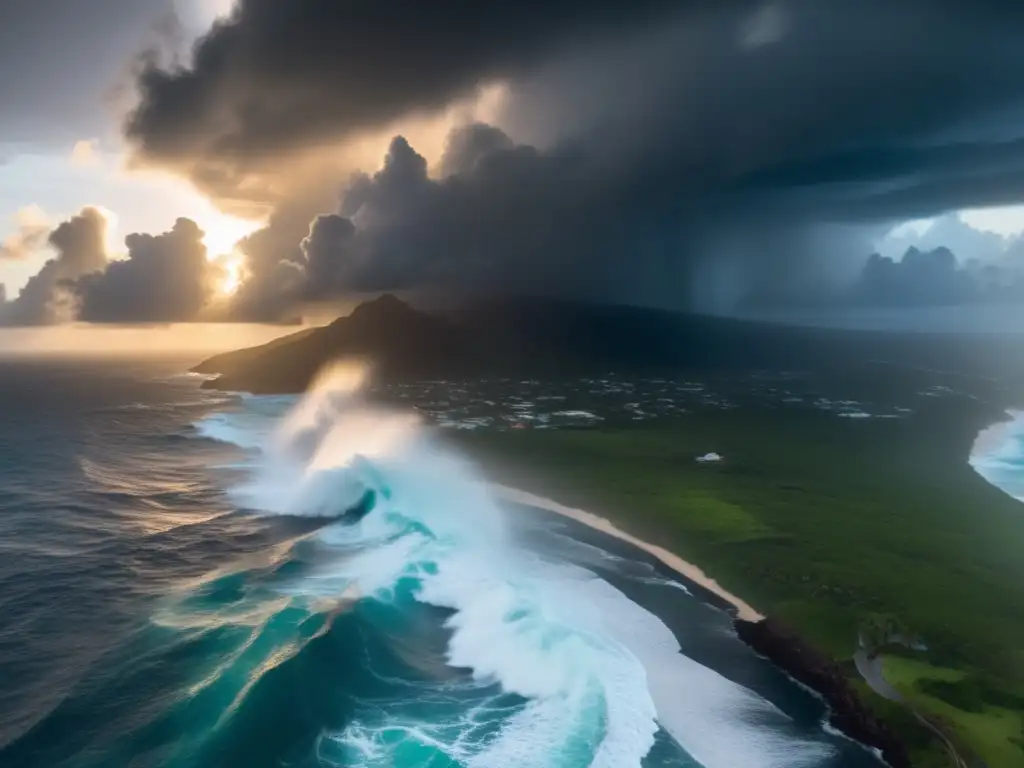 A dramatic aerial shot of the Caribbean Sea, with the sun setting on the horizon