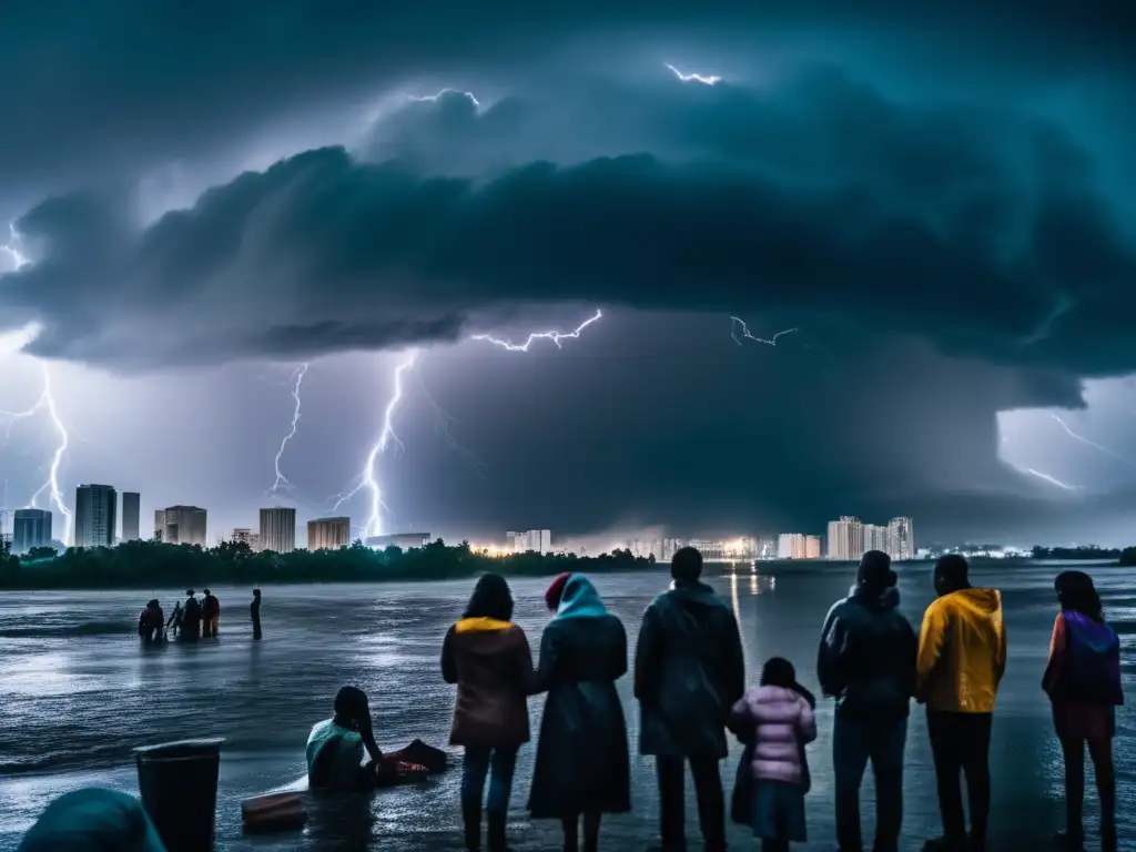 A photograph captured in the midst of a hurricane's fury, the city drenched in