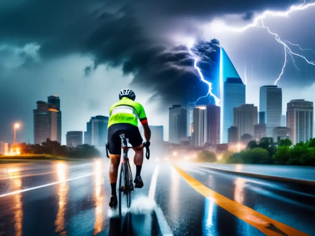 In the midst of a chaotic hurricane, a brave cyclist navigates a flooded cityscape with urgency and dedication