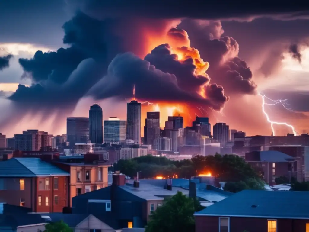 A heart-shaped storm cloud unleashes its fury upon a city skyline at sunset, with smoke rising from a fiery building in the foreground