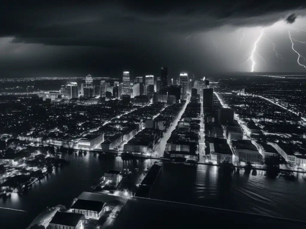 A chaotic cityscape in black and white, under a hurricane's rainy surface