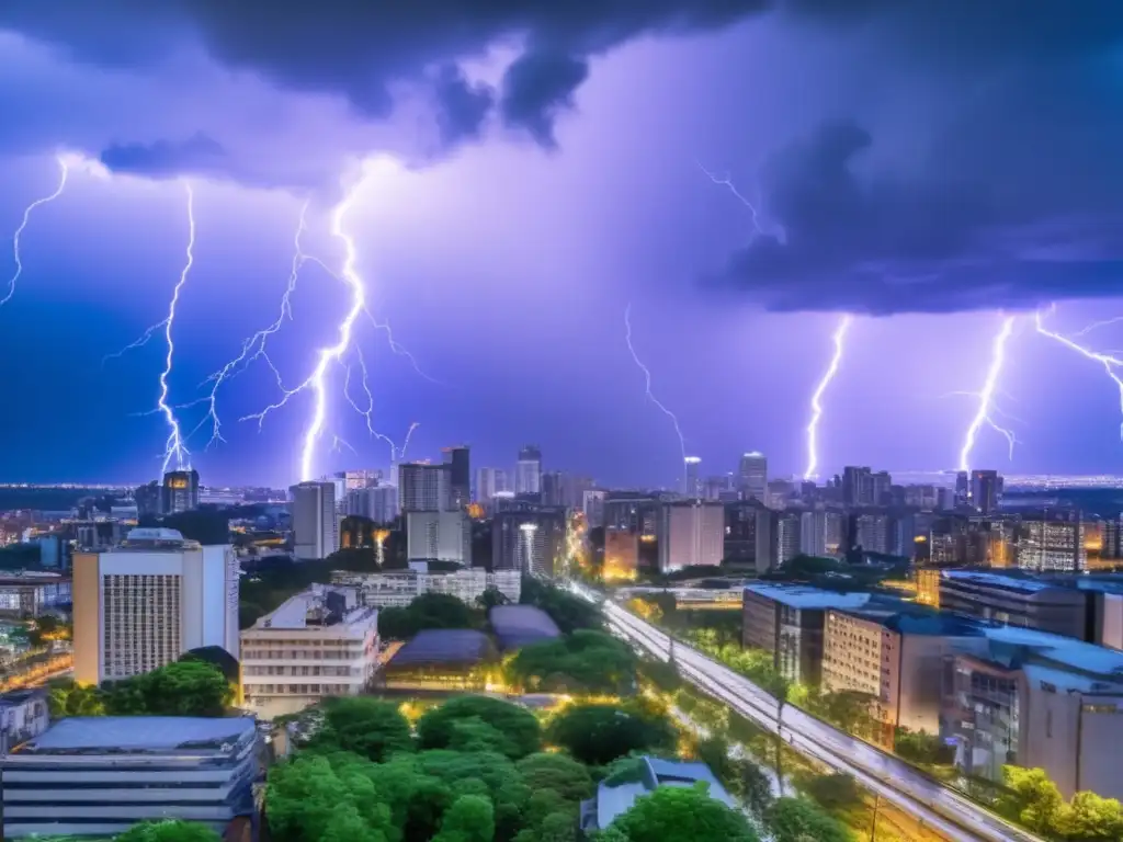 Unpredictable nature of thunderstorms illuminates the cityscape