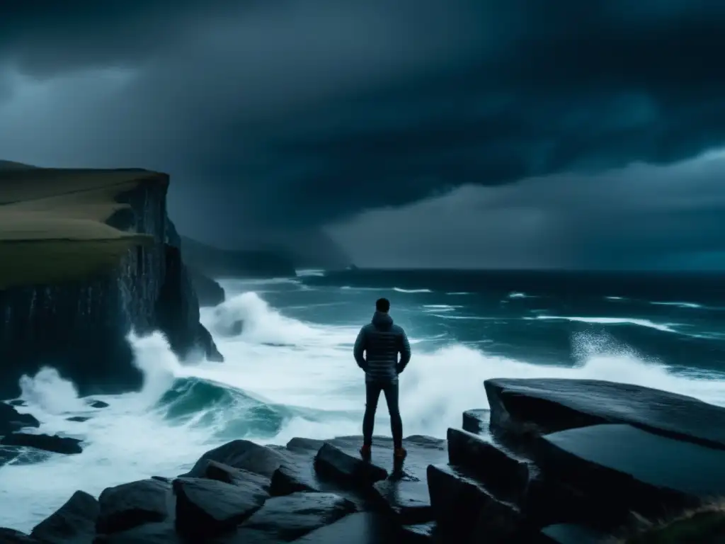 A powerful image of contemplation, as a lone figure braves the stormy seas, standing sternly atop a rocky cliff, at the mercy of the elements