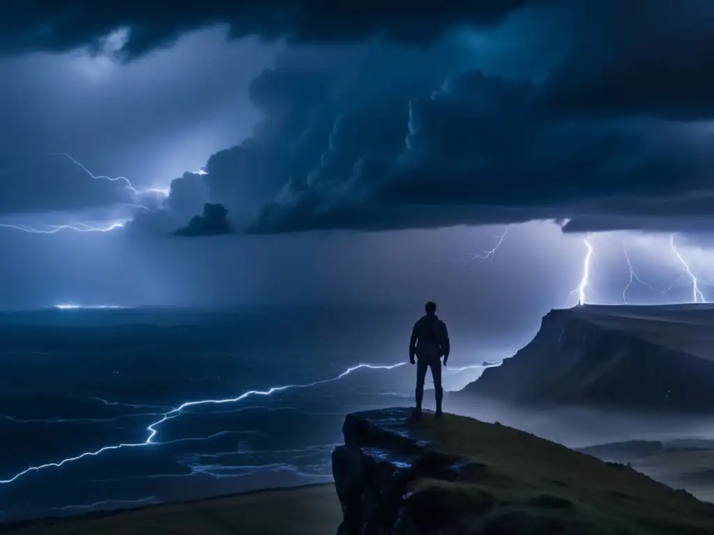 An emotional and dramatic image, portraying solitude and isolation on a cliff's edge during a stormy night