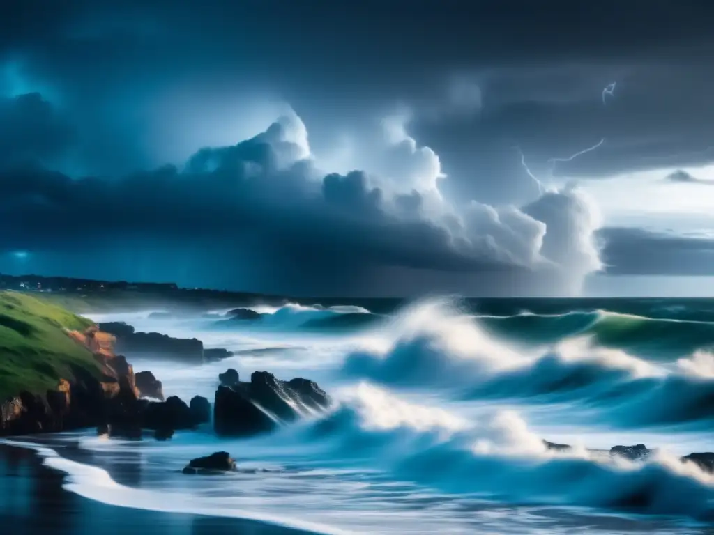 Chaotic storm on the coast, with torrential rain, lightning flashes, and thunder rumbling overhead