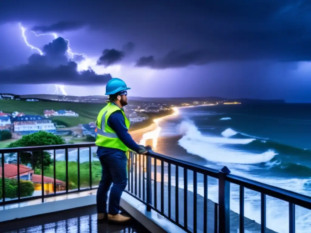 Amidst the turmoil of the raging hurricane, a person stands resolute on their balcony, gazing out at the tumultuous waves