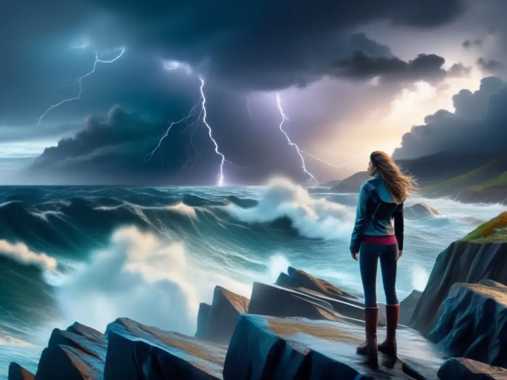 A woman, bravely standing tall on a rocky cliff, stares out at the shattered coastline, where the storm rages above