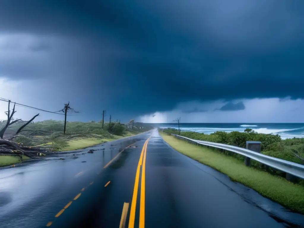 A dramatic panoramic view of a deserted coastal road after a hurricane hits