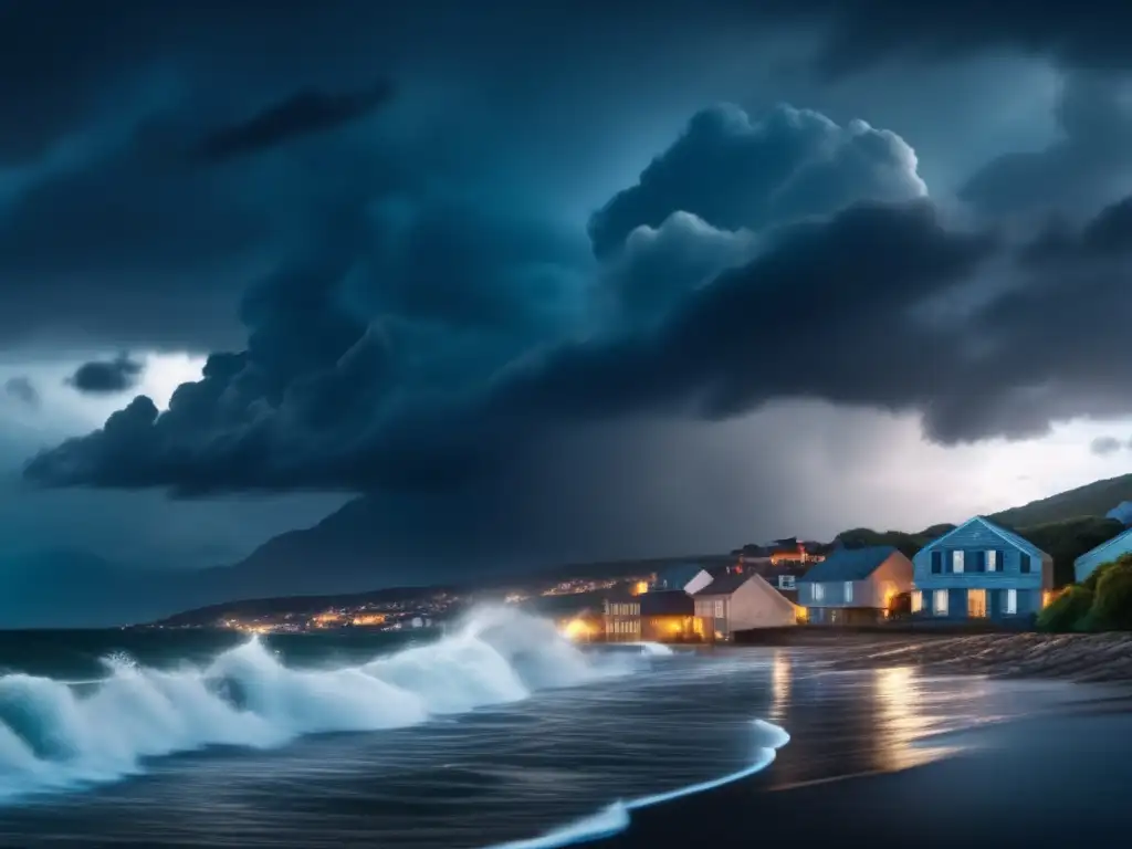 Amidst the stormy sea, a coastal town battles the elements - Hurricane's dark clouds loom, waves crash in the background, faint village light flickers