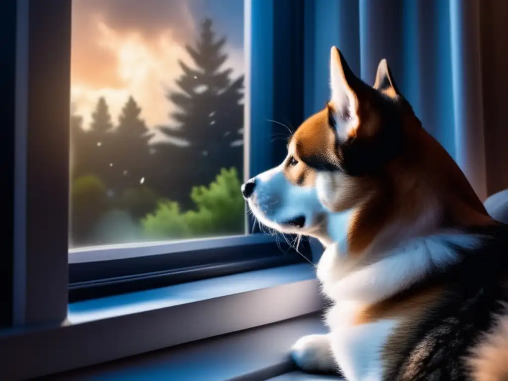 A cozy and serene image of a dog or cat basking in the lap of its owner, gazing out at the stormy sky through the window