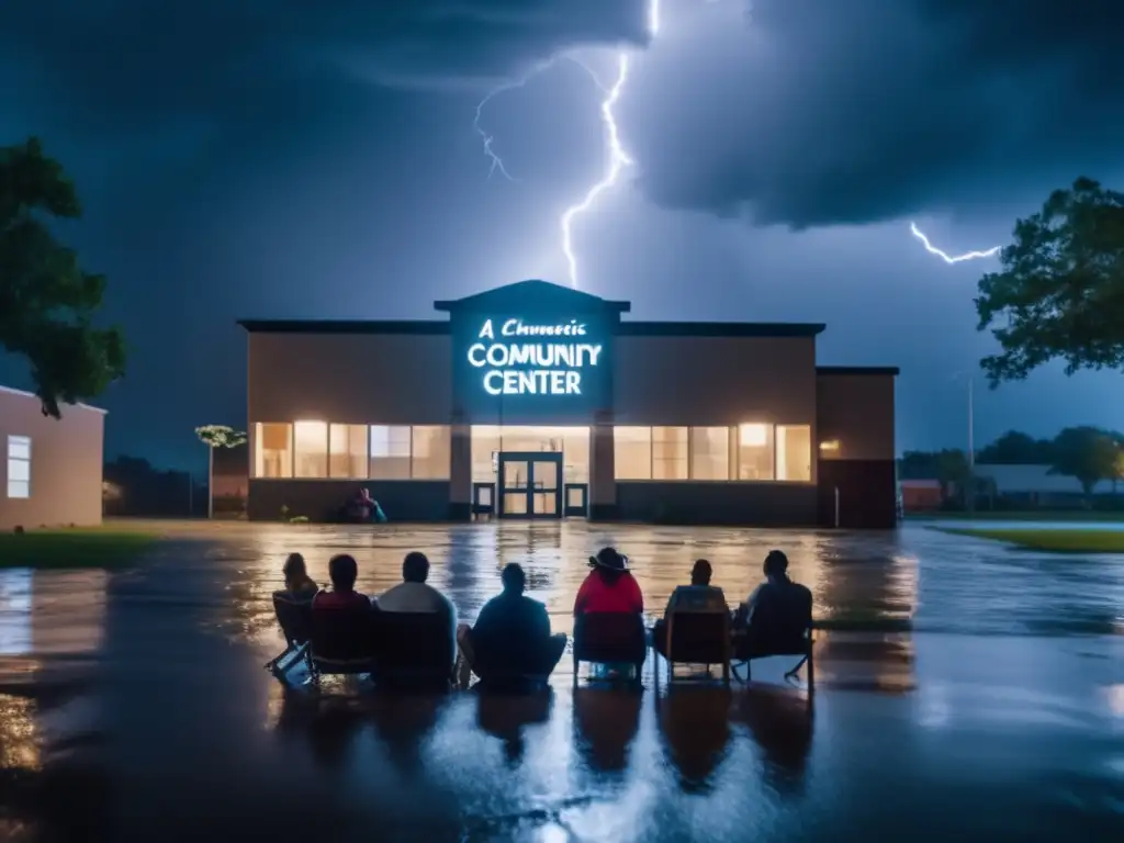 A profoundly gripping movie scene of a community center harboring shelter and comfort during a violent hurricane