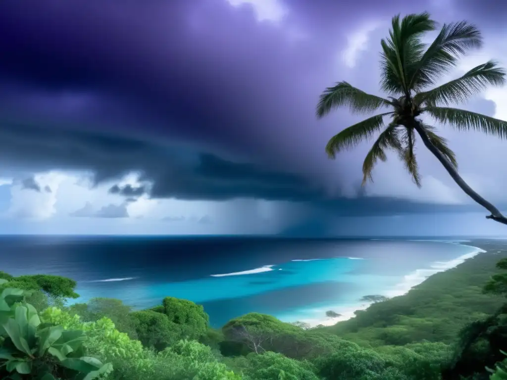 A breathtaking panorama of the Caribbean Sea, where stormy skies loom in the distance as waves crash against the shore