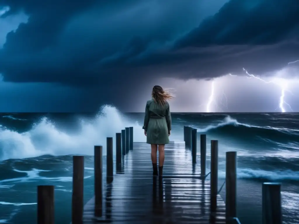 Amidst the Elements: A woman stands alone on a wooden dock during a violent hurricane, rain pelting down as lightning illuminates the sky behind her