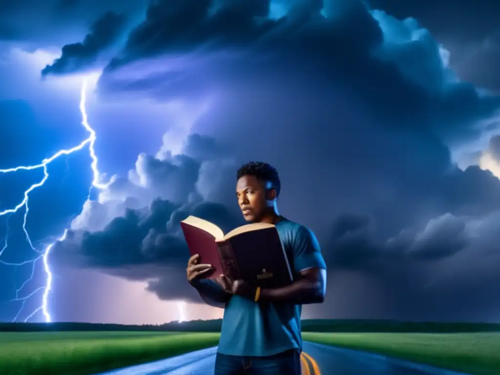 In this striking image, a person stands tall amidst a thunderstorm, clutching a titled book tightly while holding a lightning bolt