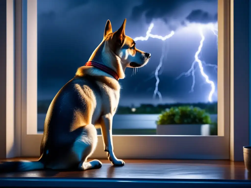 A distressed dog sits anxiously by a window during a tumultuous hurricane