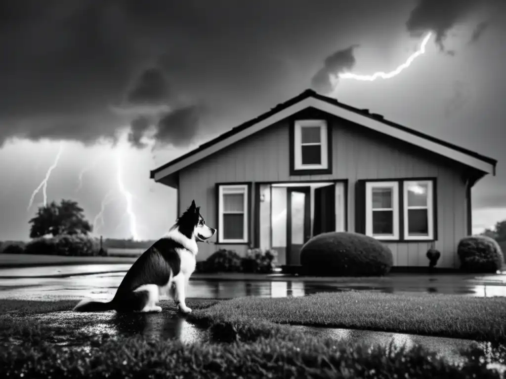 A gripping monochrome image of a storm-ravaged dwelling, where a forlorn canine stands hunched in the downpour, longing for its human companion