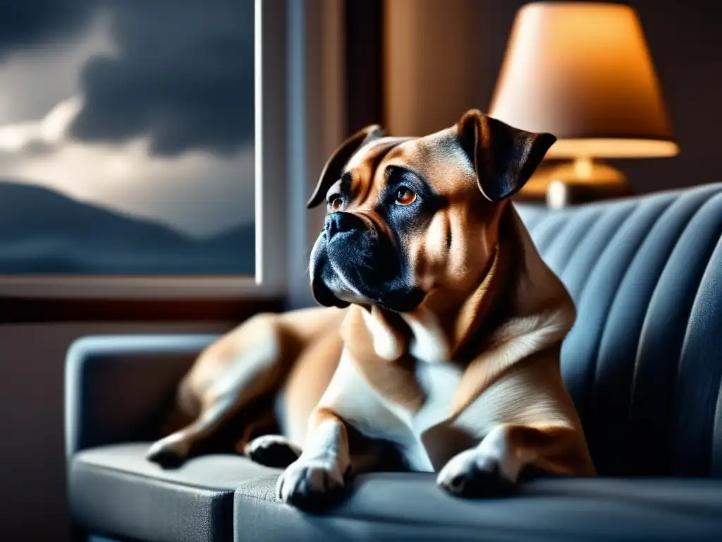 A contemplative canine gazes into the tempestuous sky, perched regally on a couch with paws poised, embodying the ominous weather