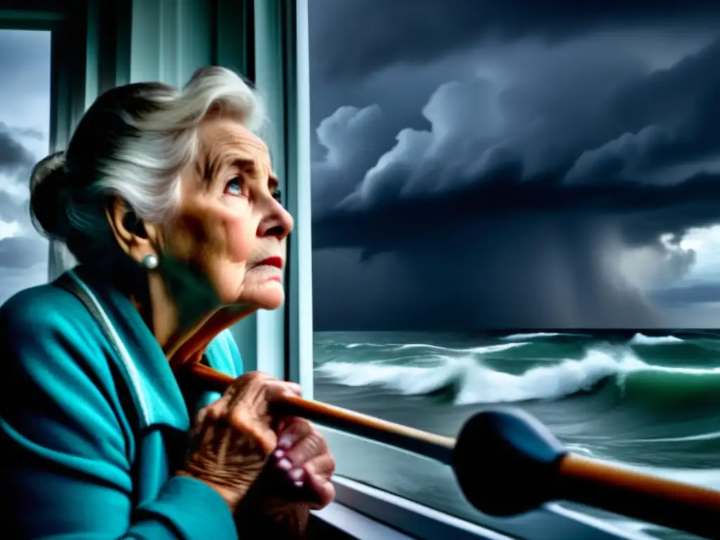 An elderly woman clutches her cane, watching the ominous clouds loom over the calm sea as a hurricane brews