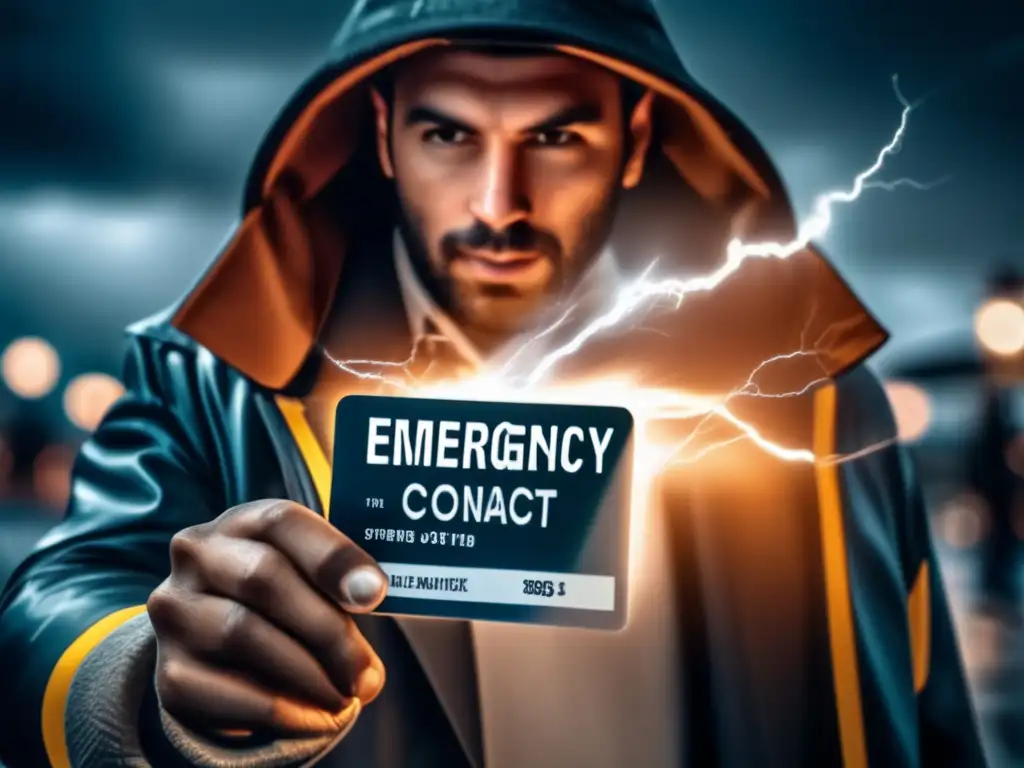 A person clings to their emergency contact card in slow motion, amidst a stormy world with lightning strikes and rain pelting the camera