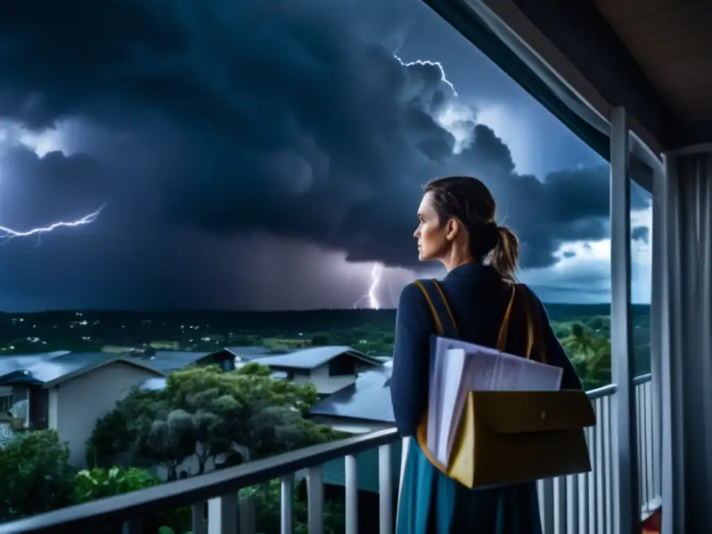 A determined woman braves the storm, clutching essentials in a bag as lightning illuminates dark clouds behind her