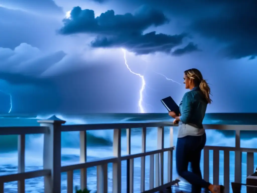 A person braves the storm while documenting its wrath, pen in hand, safely nestled in a waterproof notebook, donning a protective jacket and helmet