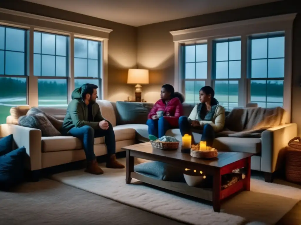 A cozy living room outfitted with jackets and blankets, yet tense as storm outside batters against windows, family determined to weather the hurricane