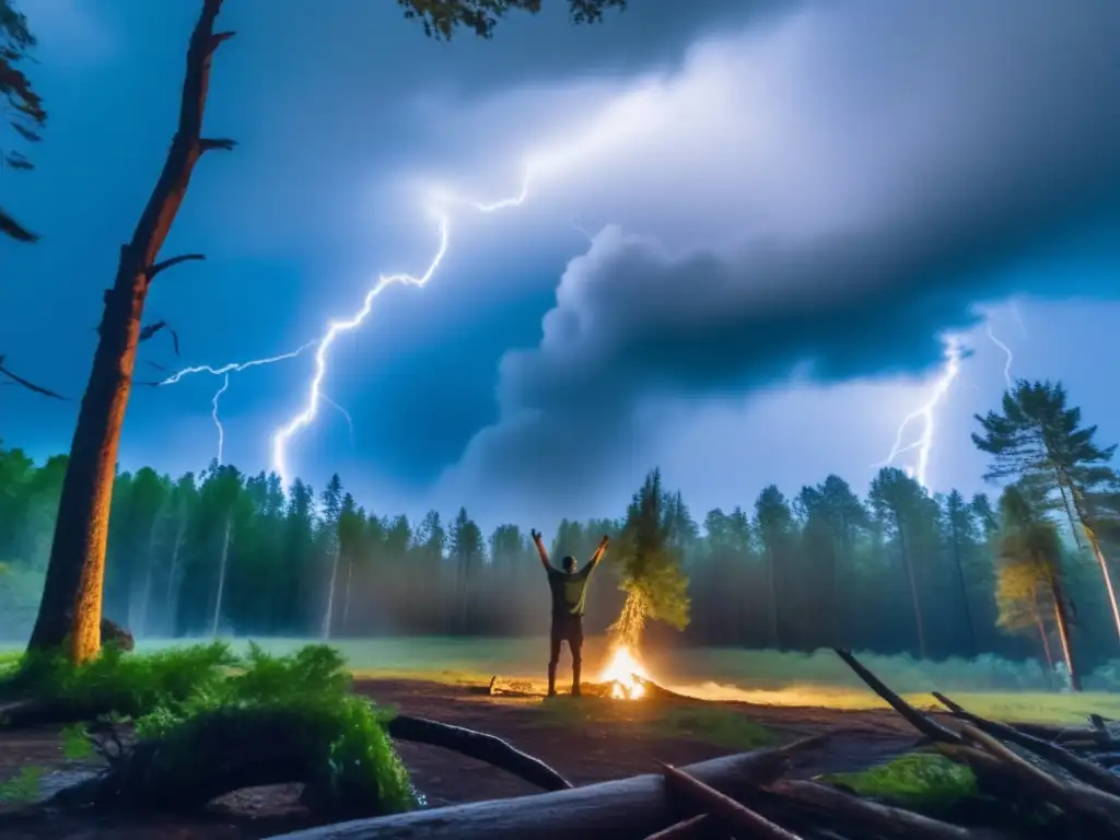 A solitary figure stands composed amidst a tempestuous forest, gazing skyward as a hurricane unleashes its power on a nearby tree trunk