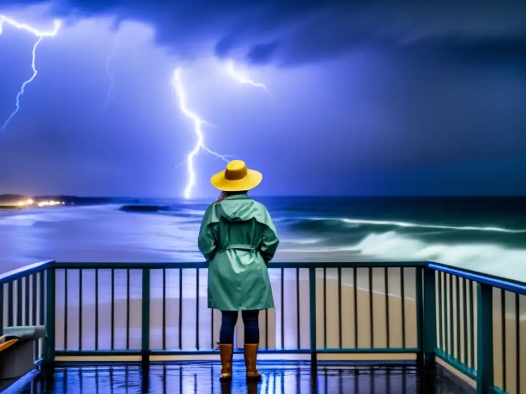 A person bravely stands on a balcony during a hurricane, gazing out at the tumultuous waves while lightning illuminates the stormy sky