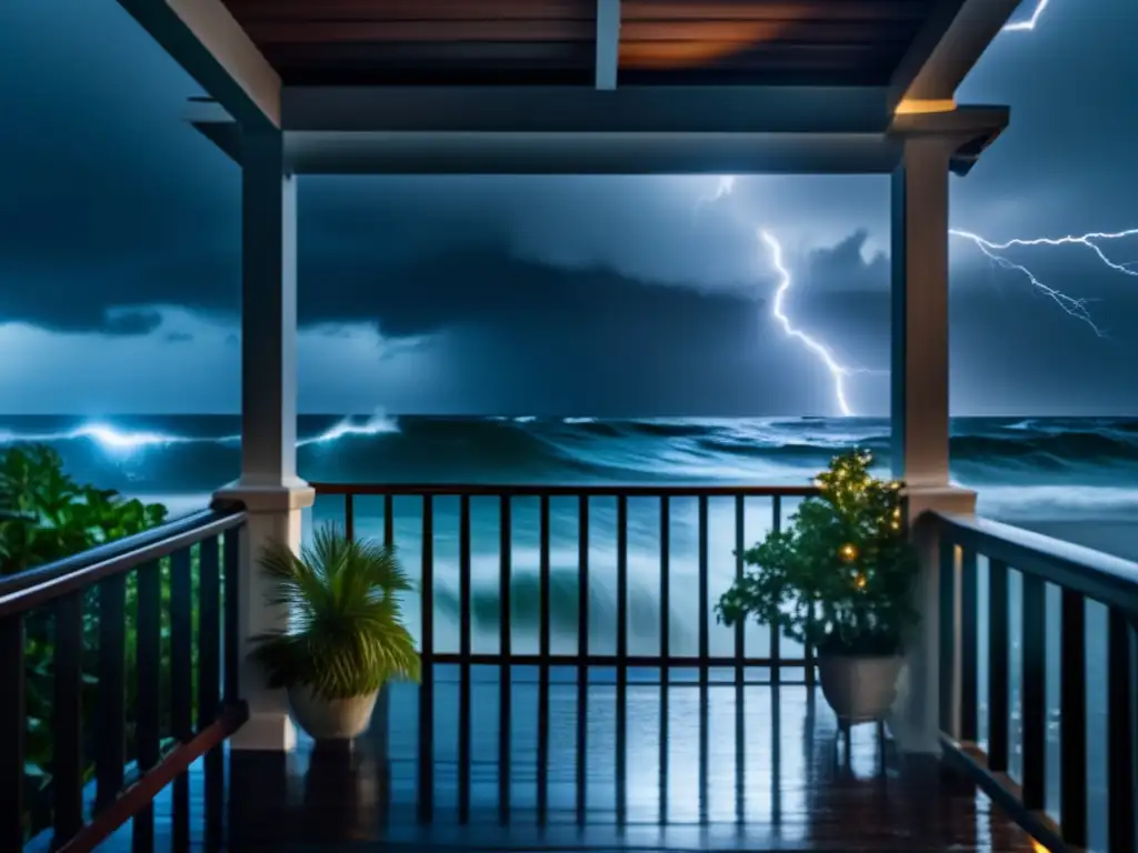 A dramatic balcony, waves crashing against railing during a hurricane