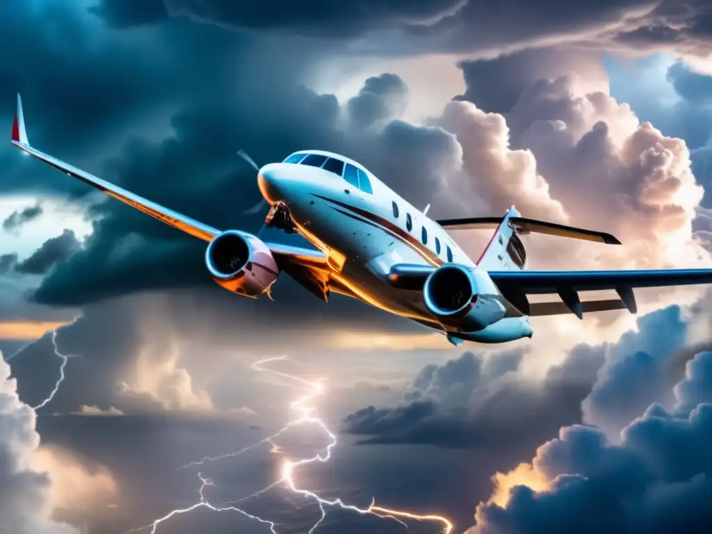 A breathtaking aerial view of a group of people on a private plane overlooking a stormy sky with a hurricane raging in the background