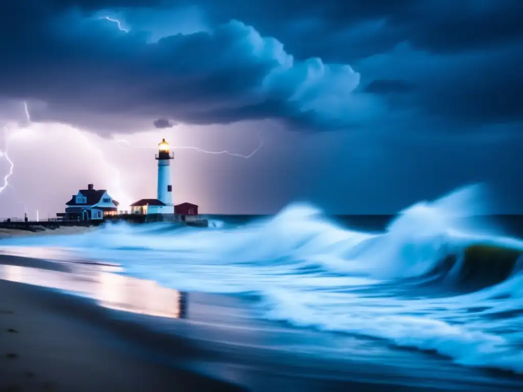 Breathtaking view of a stormy night sky over the Jersey Shore: waves crash while lightning illuminates the shoreline