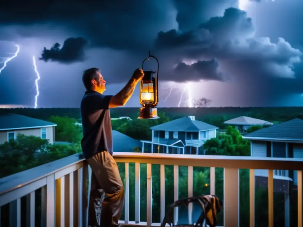 A man bravely lighting up his lantern in the midst of a hurricane, determined to illuminate the darkness against the tumultuous sky