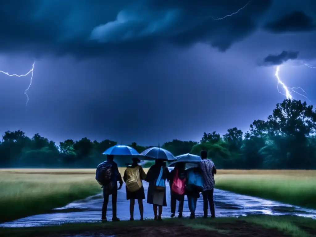 A cinematic shot of a stormy sky, with dark clouds looming over a group of people huddled together, protected by hard hats and helmets