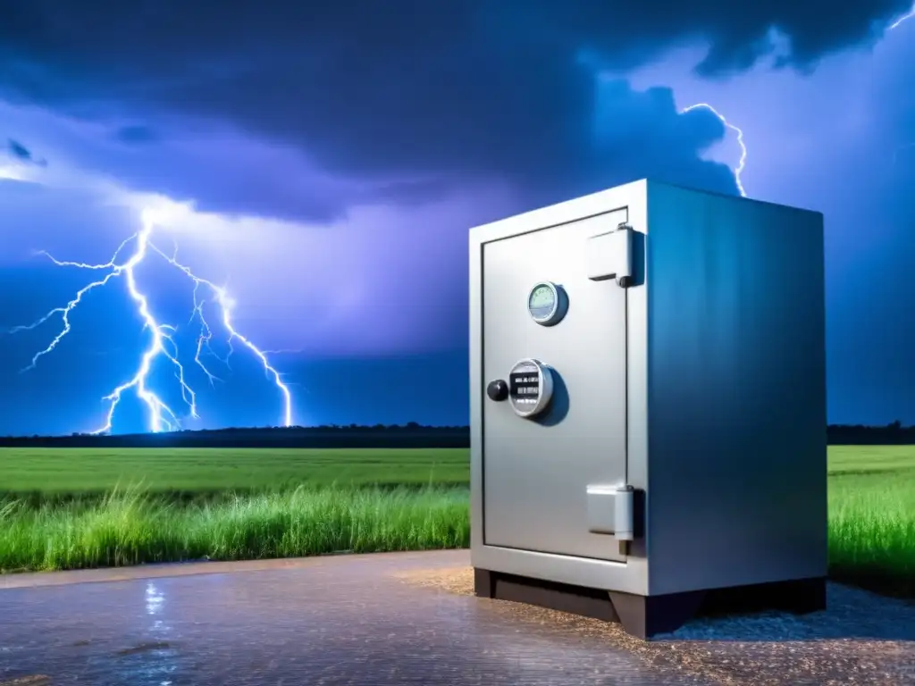 The striking image of a steel safe with a secured combination lock, standing firm amidst a tempestuous sky with electrifying lightning