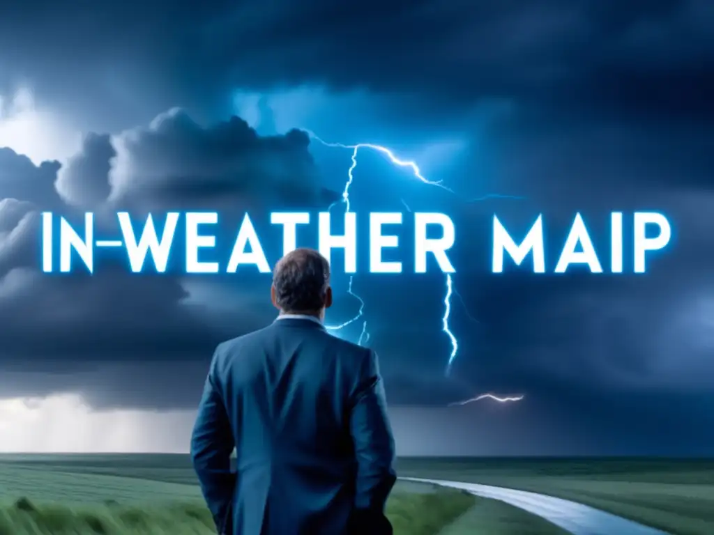 A man tightly holds a weather map, his face tense with fear, as a storm brews in the distance