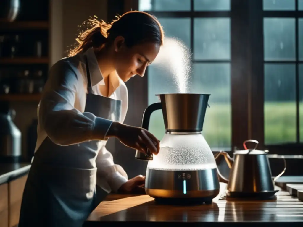 A stormy night, a person diligently pouring water from a boiling kettle into a distiller, while the rain beats against the window outside