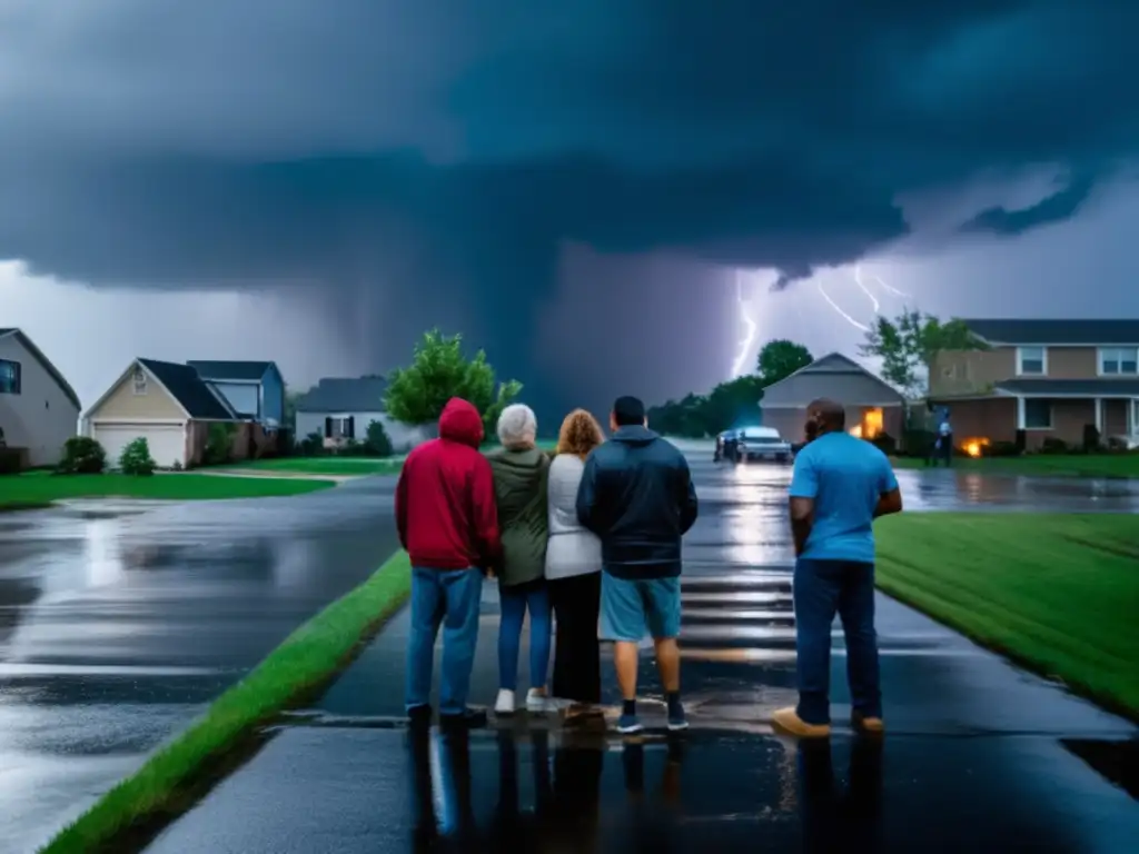 A somber group of neighbors huddle in a driveway, gazing at the storm-ravaged neighborhood