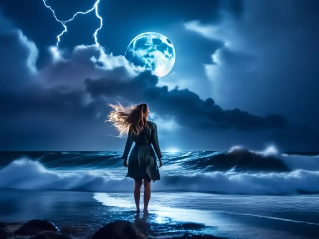 A woman bravely stands atop a stormy sea, with waves crashing against her as she gazes at the moon in the distance