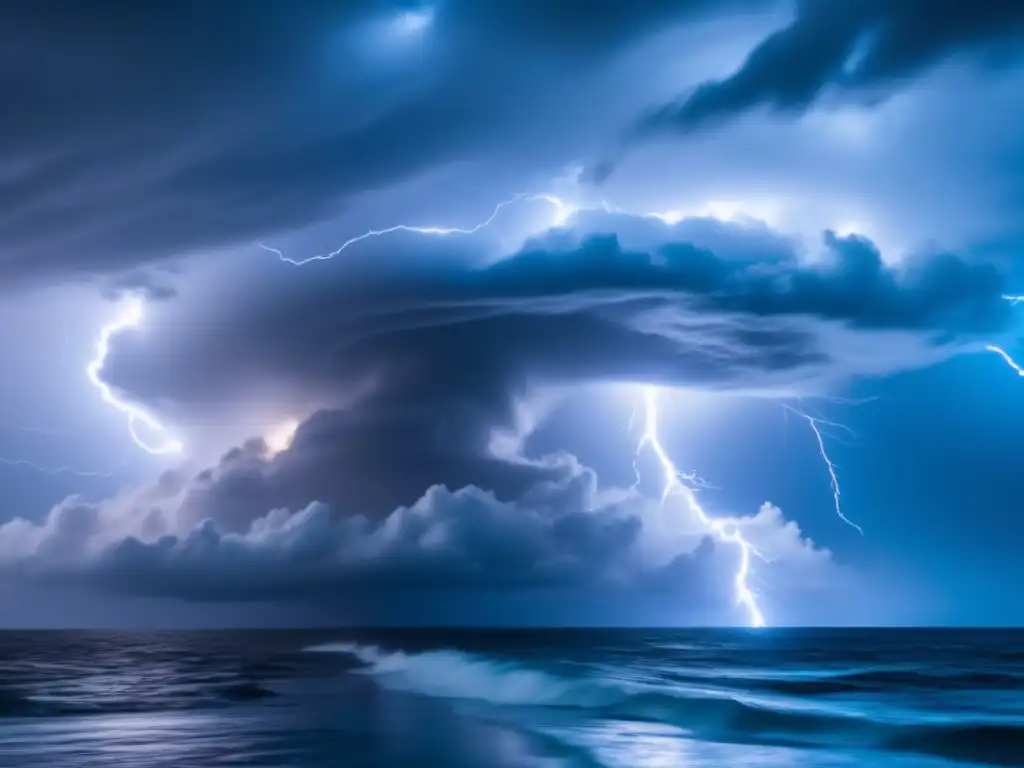 A mesmerizing hurricane rages over the ocean in the middle of the night, its lightning bolt strikes lighting up the sky in a sensationally captivating photograph, perfect for Rick Ross's hurricane memoir