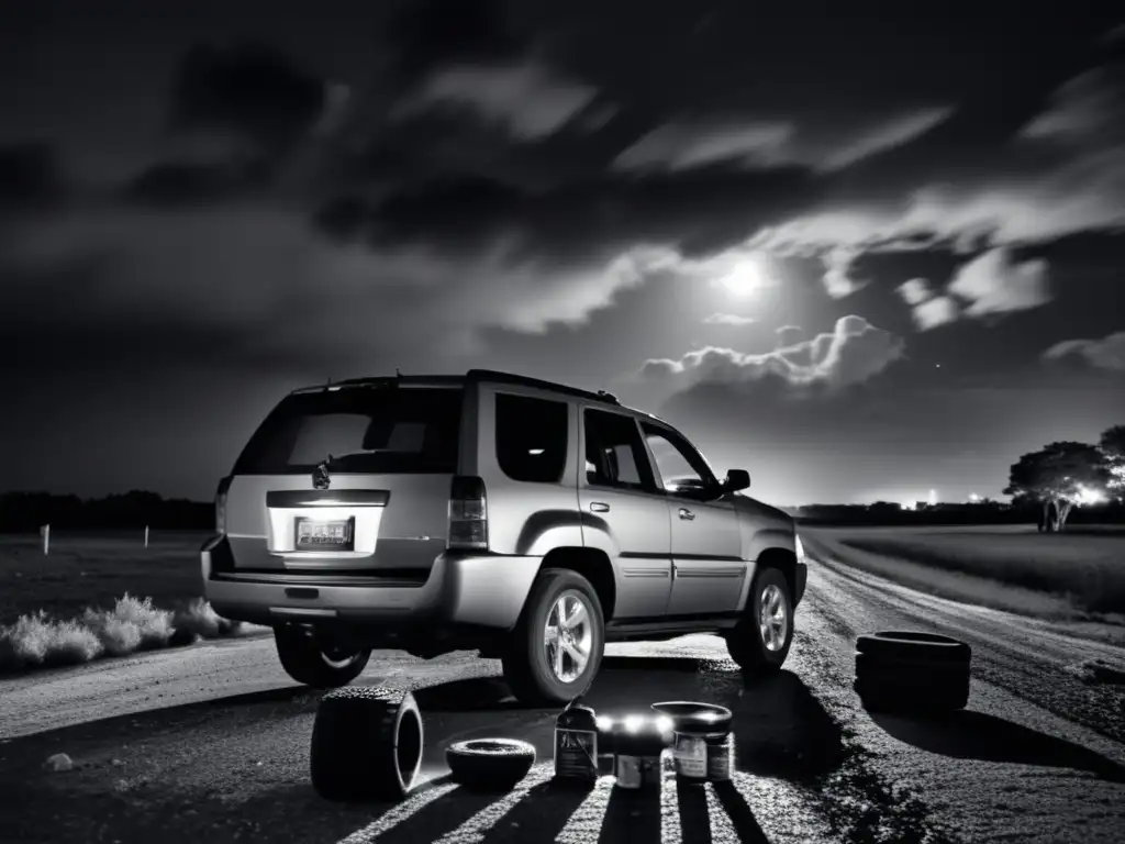 Stormy night: SUV parked on the road, tire repair kit in hand, rented house in the background, headlights illuminating urgency and desperation