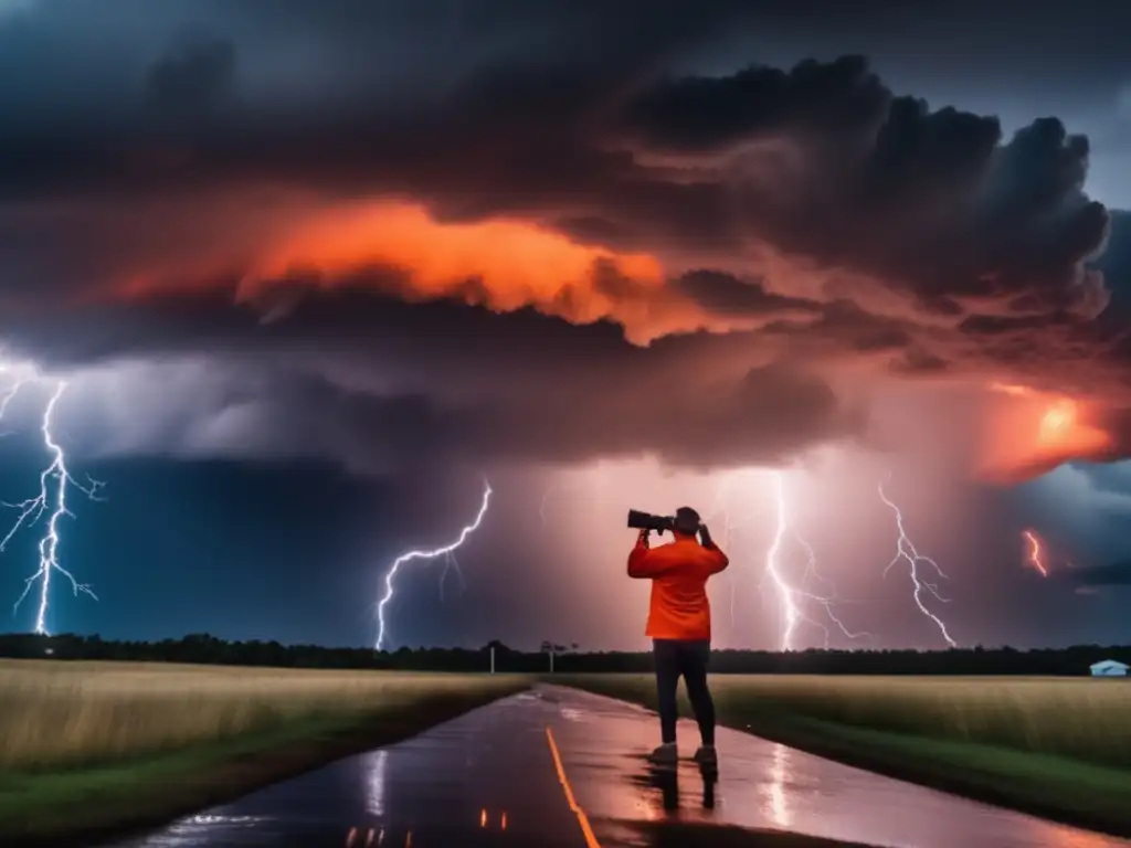 In the midst of a raging hurricane, an observer stands with feet submerged and arms raised, gazing at the fury ahead