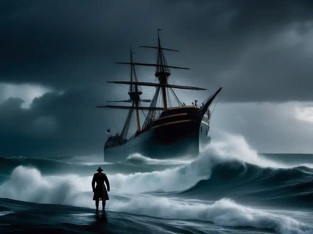 The ocean roars in anger as waves tower above the shore, and a ship fights for survival in the eye of the hurricane