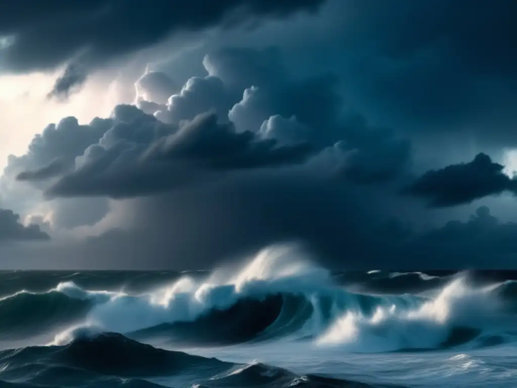 ((Image of an open ocean with towering waves, dark clouds, and lightning illuminating the sky as a hurricane approaches