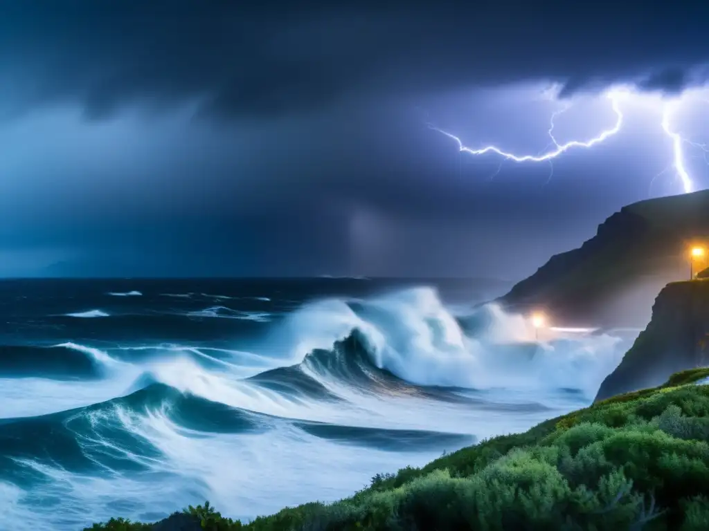 A gripping scene of a tempestuous ocean, towering waves crashing against a cliffside